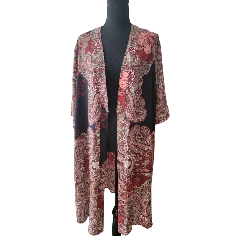 Catherines Womens 1X Paisley Floral Open Front Duster Kimono Red Black Longline‎